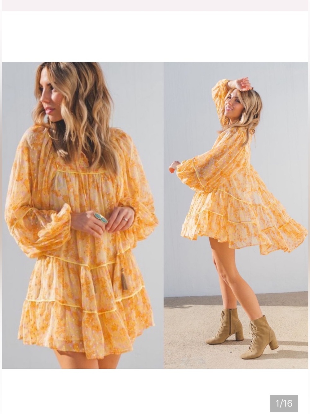 Free People Free Swinging Floral Mini Dress Yellow Gold Metallic Dot Boho Size m